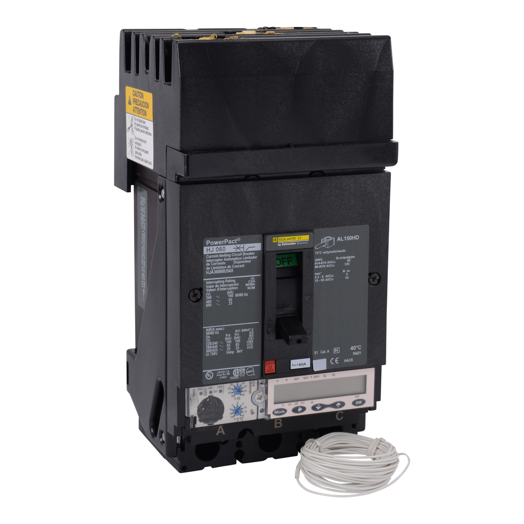HJA36060U54X – Circuit breaker, PowerPacT H, 60A, 3 pole, 600VAC, 25kA, I-Line, Micrologic 6.2E, 80%, ABC