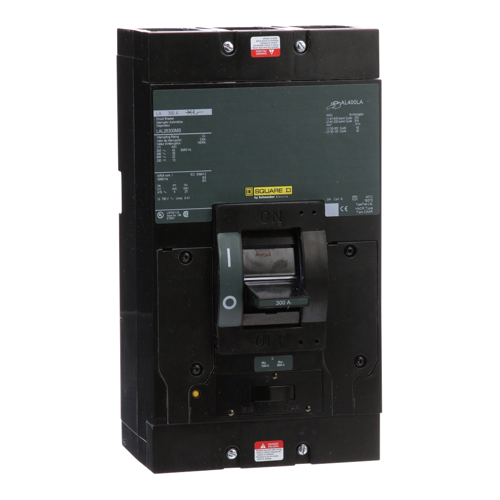 LAL26300MB – Circuit breaker, LA, 300A, 2 pole, 600VAC, 22kA, 250VDC, 10kA, lugs, thermal magnetic, short handle