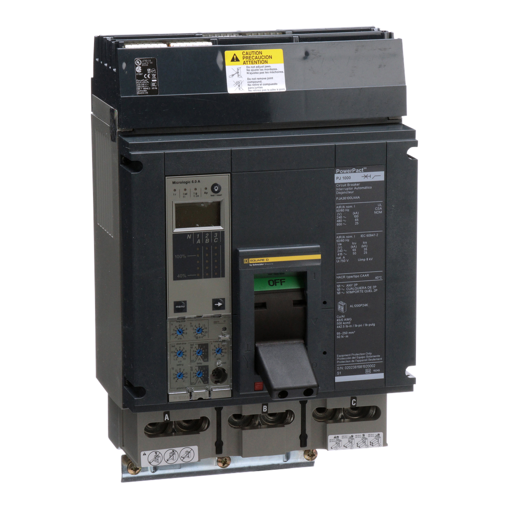 PJA36100U44A – Circuit breaker, PowerPacT P, 1000A, 3 pole, 600VAC, 25kA, I-Line, Micrologic 6.0A, 80%, ABC