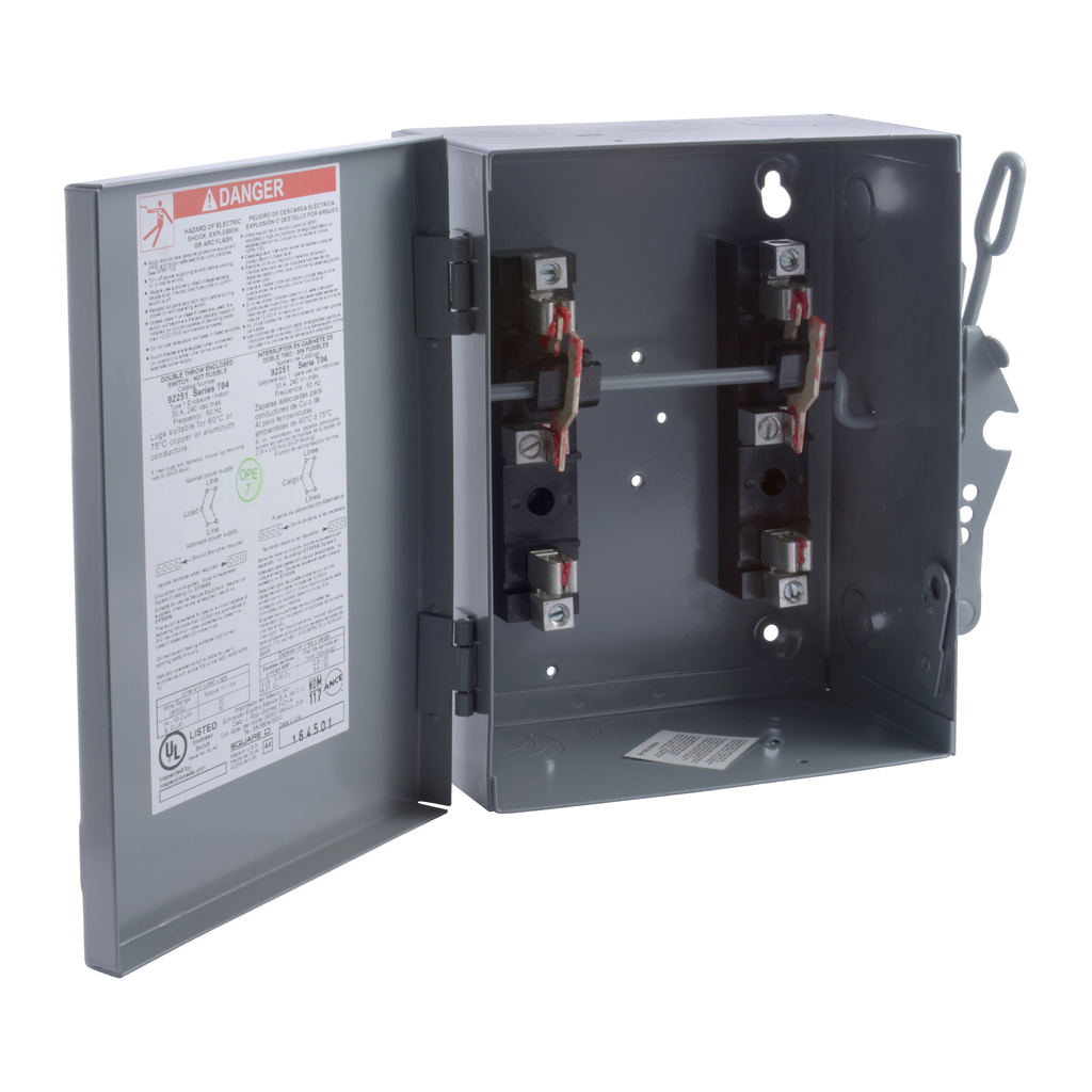92251 – Safety switch, double throw, non fusible, 30A, 240V, 2 pole, NEMA 1, fuse class T4