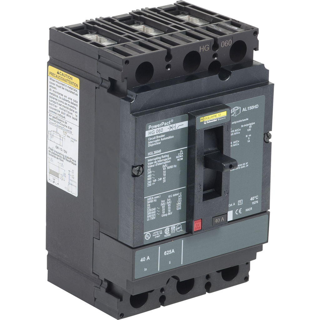 HGL36040 – Circuit breaker, PowerPacT H, 40A, 3 pole, 600VAC, 18kA, lugs, thermal magnetic, 80%