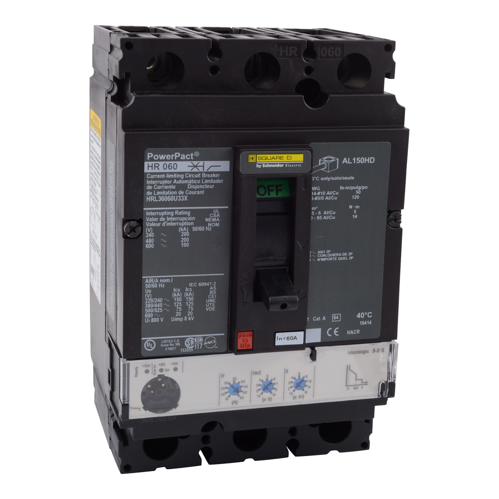 HRL36060U33X – Circuit breaker, PowerPacT H, 60A, 3 pole, 600VAC, 100kA, lugs, Micrologic 3.2S, 80%