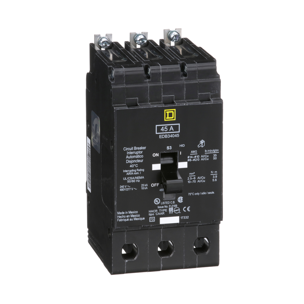 EDB34045 – Mini circuit breaker, E-Frame, 45A, 3 pole, 480Y/277VAC, 25kA max, bolt on