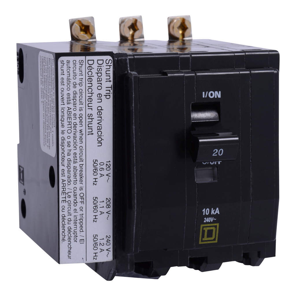 QOB3305252 – Mini circuit breaker, QO, 30A, 3 pole, 120/240VAC, 10kA, bolt on, AC shunt, ring