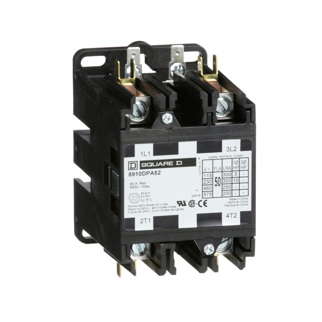 8910DPA52V09 – Contactor, Definite Purpose, 50A, 2 pole, 10HP at 230VAC, 1 phase, 208/240VAC 60Hz 220VAC 50Hz coil, open