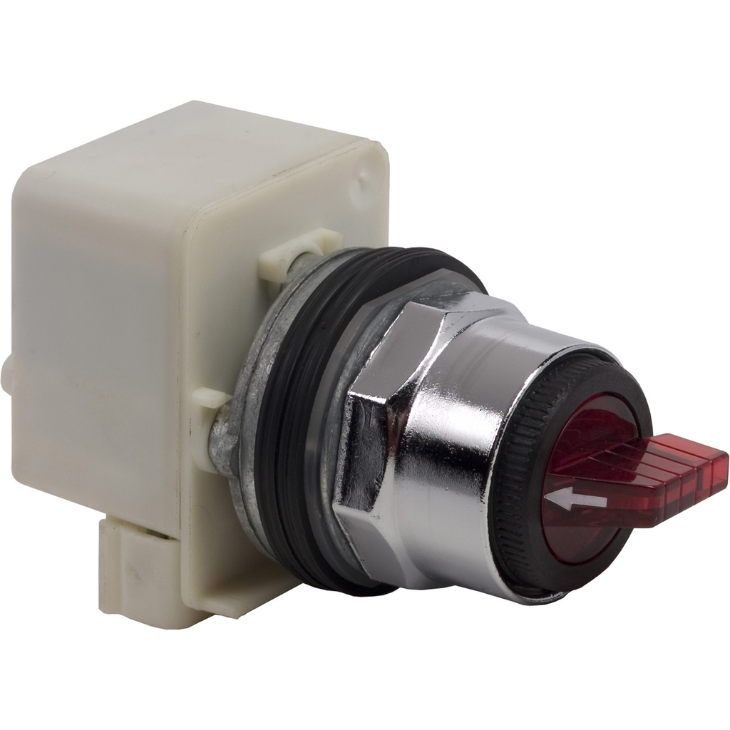 Mayer-DDS-Illuminated selector switch head, Harmony 9001K, metal, standard handle, red, 30mm, 3 positions, stay put, 110-120V-1