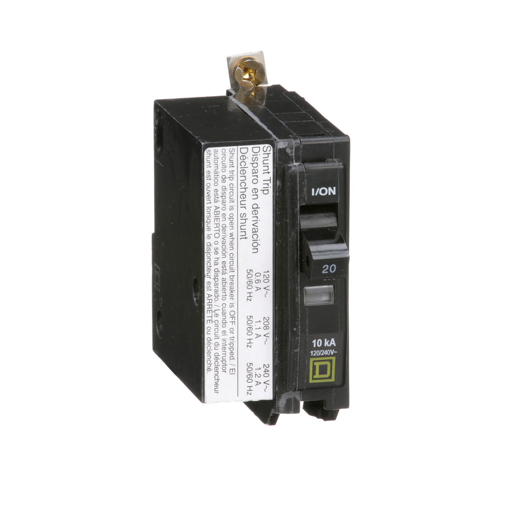 QOB1201021 – Mini circuit breaker, QO, 20A, 1 pole, 120/240VAC, 10kA, bolt on, AC shunt