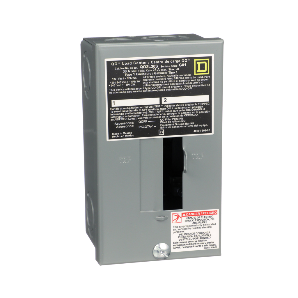 QO2L30SCP – Load center, QO, 1 phase, 2 spaces, 2 circuits, 30A fixed main lugs, NEMA1, surface cover, consumer pack
