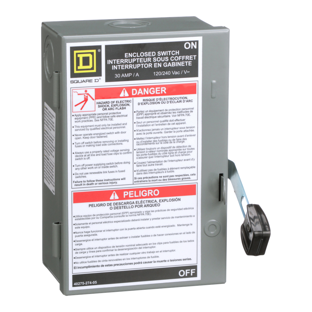 L221N – Safety switch, light duty, fusible, 30A, 3 wire, 2 poles, 1 neutral, 240VAC, Type 1