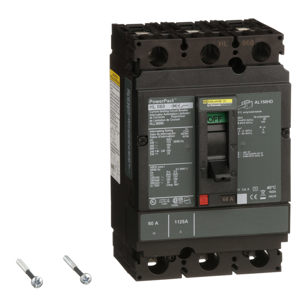 HLL36060 – Circuit breaker, PowerPacT H, 60A, 3 pole, 600VAC, 50kA, lugs, thermal magnetic, 80%