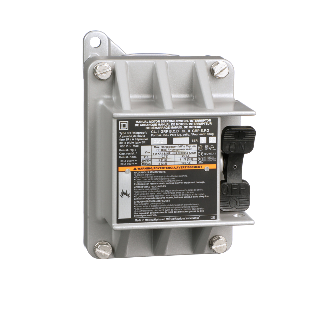 2510KR1 – Switch, manual, 20A, 2 pole, 3 HP at 575 VAC, single phase, toggle operated, no indicator, NEMA 7&9, one conduit opening