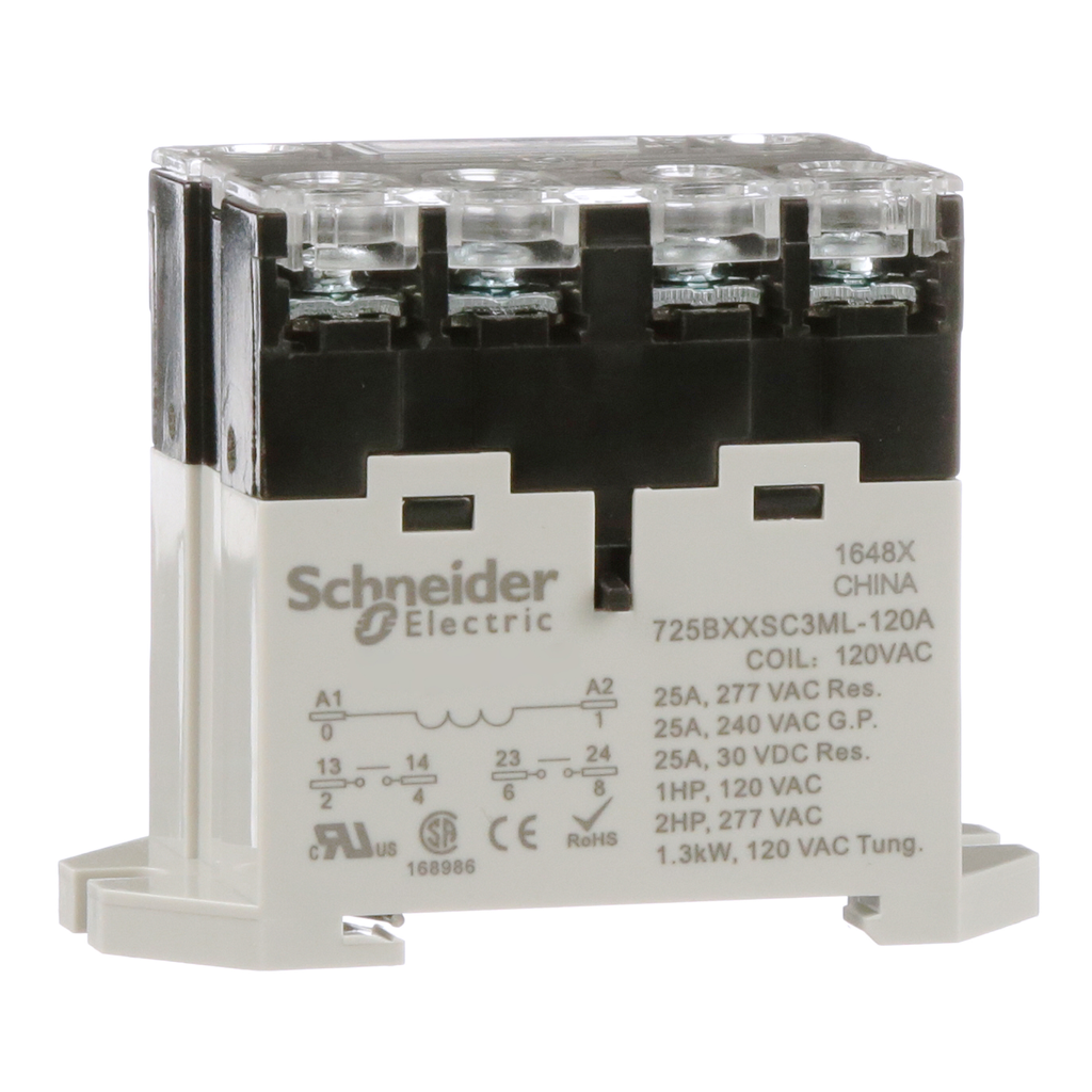 725BXXSC3ML-120A – Power relay, SE Relays, 25A, 2NO, 120VAC, LED push button, screw terminals, DIN or panel mount
