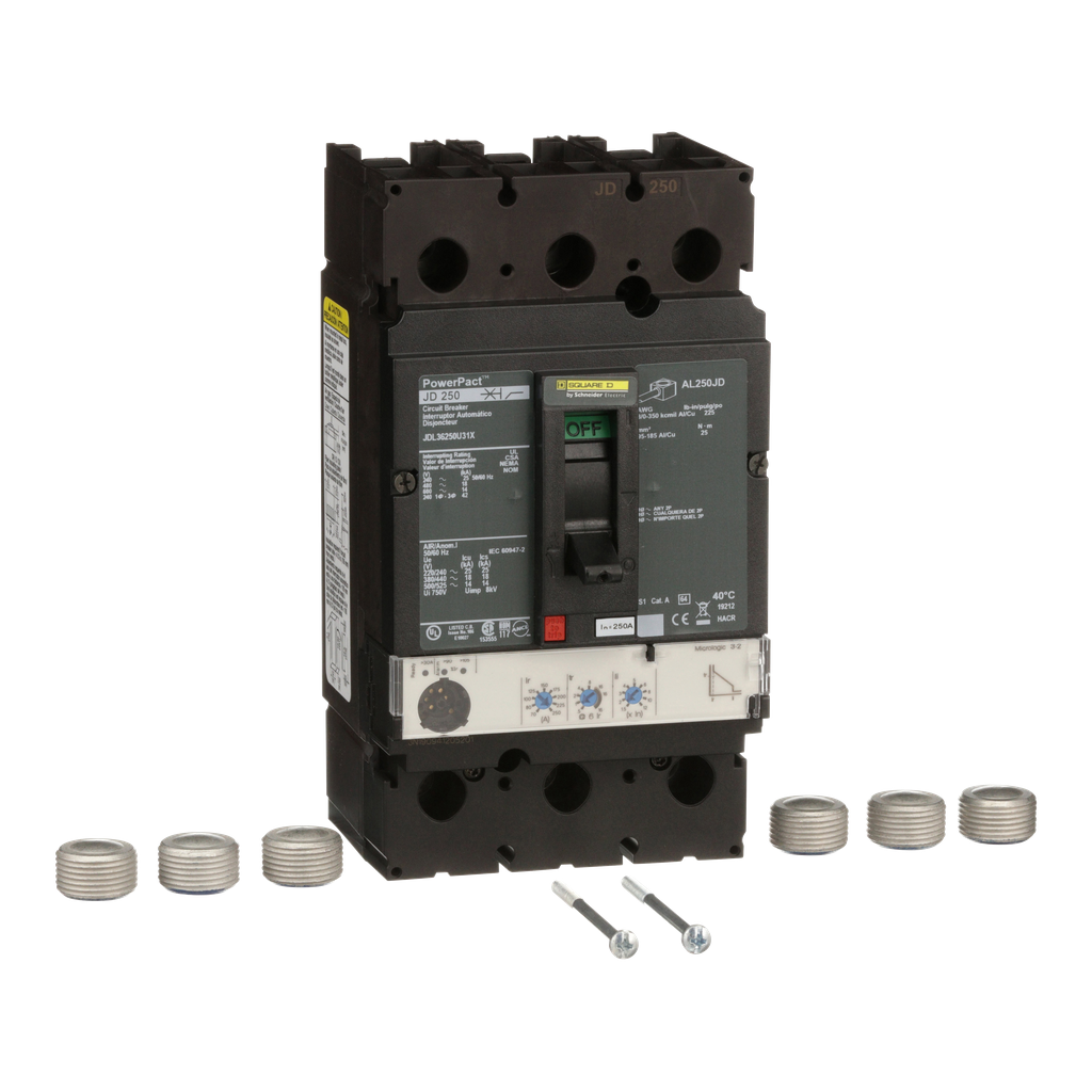 JDL36250U31X – Circuit breaker, PowerPacT J, 250A, 3 pole, 600VAC, 14kA, lugs, Micrologic 3.2, 80%