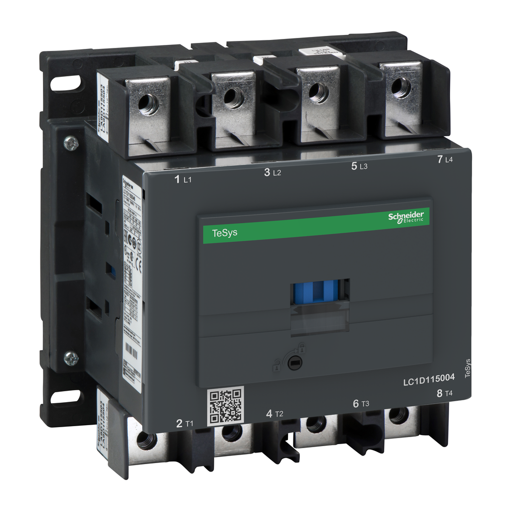 LC1D1150046BD – IEC contactor, TeSys Deca, nonreversing, 200A resistive, 4 pole, 4 NO, 24VDC coil, open style