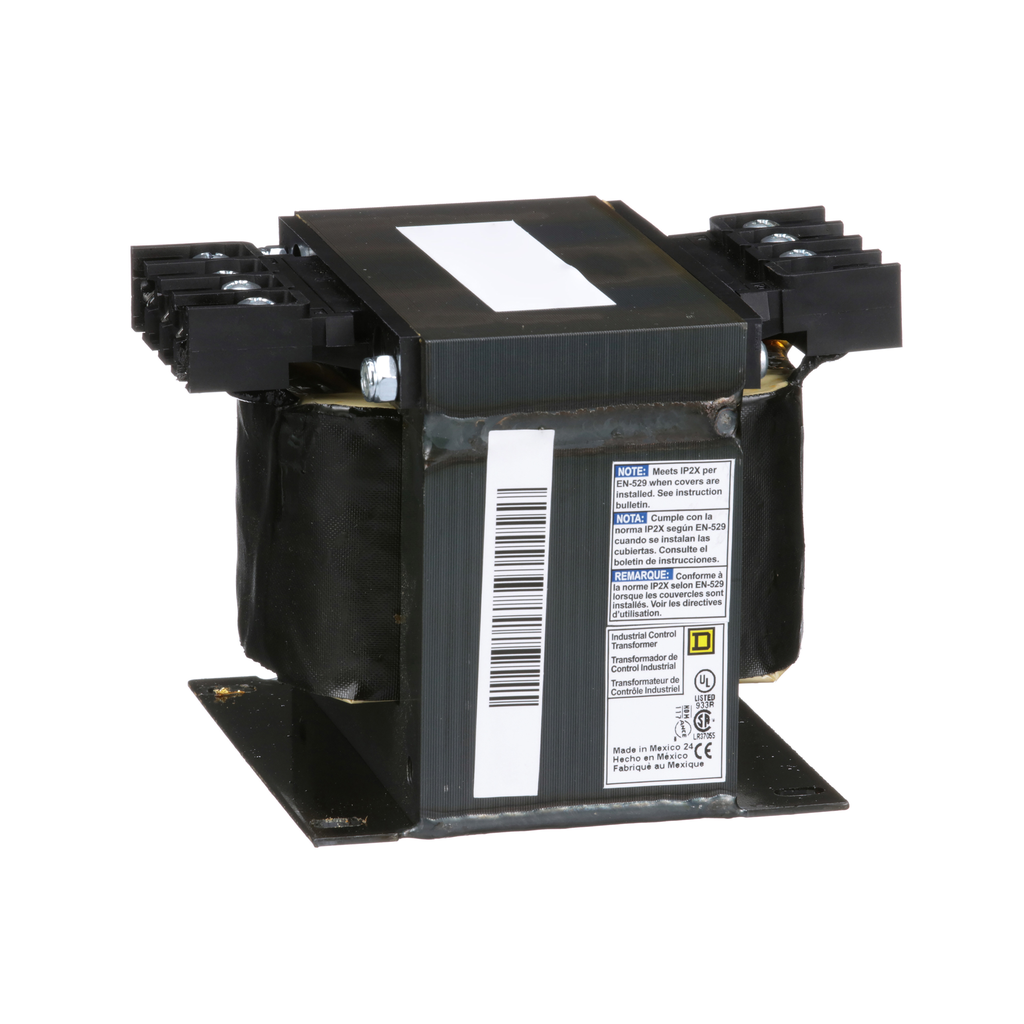 9070T350D20 – Transformer, Type T, industrial control, 350VA, 1 phase, 208/230/460V primary, 115V secondary, 80C rise