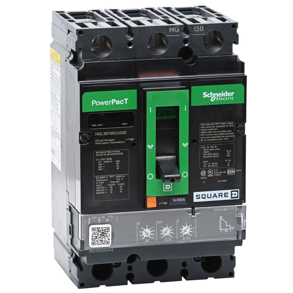 HGL36100CU33X – Circuit breaker, PowerPacT H, 100A, 3 pole, 600VAC, 18kA, lugs, Micrologic 3.2S, 100%