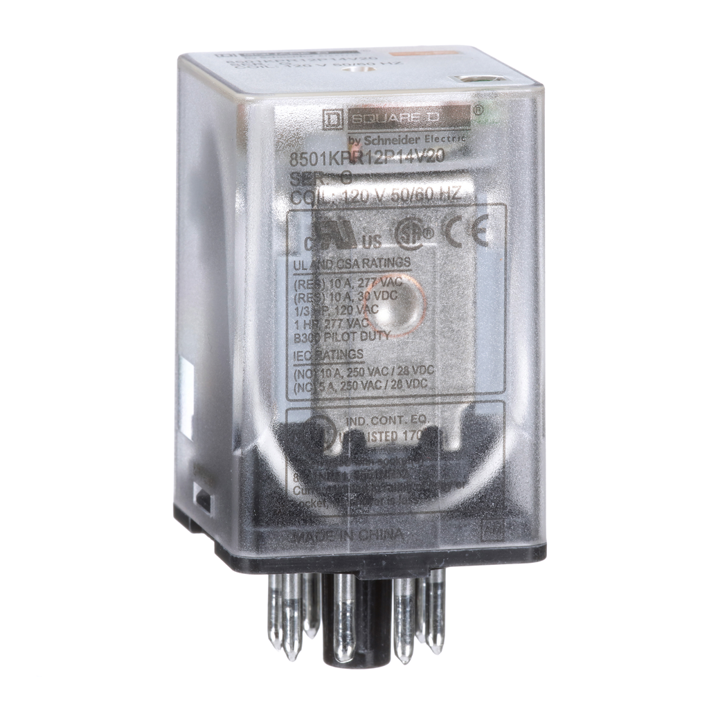 8501KPR12P14V20 – Plug in relay, Type KP, tubular, 1 HP at 277 VAC, 10A resistive at 120 VAC, DPDT, 2 NO, 2 NC, 120 VAC coil, pilot light