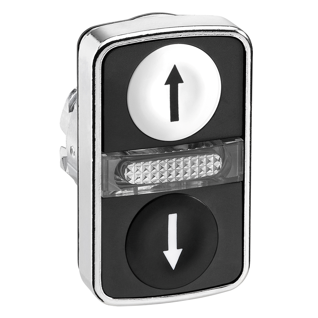 ZB4BW7A1724 – Illuminated double headed push button head, Harmony XB4, metal, 22mm, 1 white flush UP ARROW   1 pilot light   1 black flush DOWN ARROW