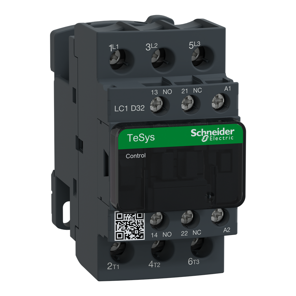 LC1D32FE7 – IEC contactor, TeSys Deca, nonreversing, 32A, 20HP at 480VAC, up to 100kA SCCR, 3 phase, 3 NO, 115VAC 50/60Hz coil, open