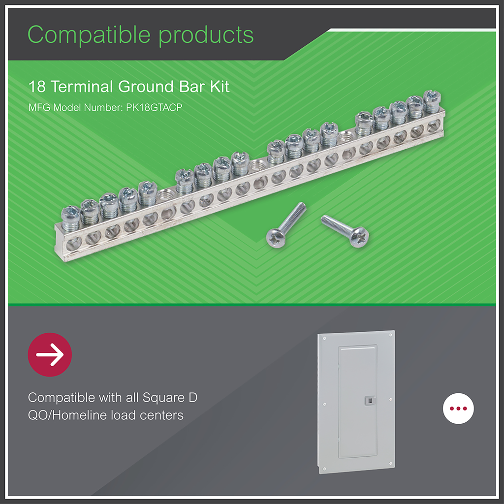 Square D PK18GTA 18Terminal Load Center Ground Bar Kit, 225A Max, 6.57
