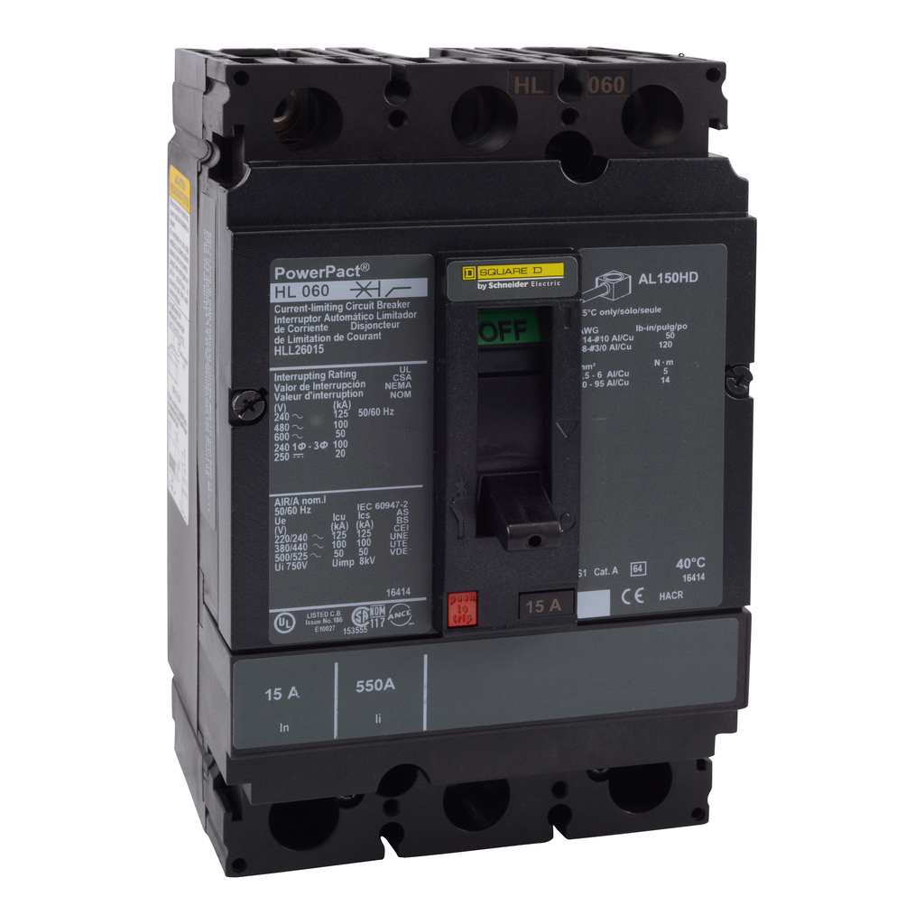 HLL26015 – Circuit breaker, PowerPacT H, 15A, 2 pole, 600VAC, 50 kA, lugs, thermal magnetic, 80%