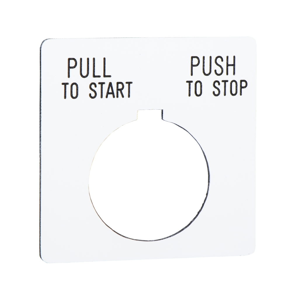 Mayer-DDS-Legend, Harmony 9001K, Harmony 9001SK, 30mm, plastic, white with black letters, 57mm square, marking PULL TO START/PUSH TO STOP-1