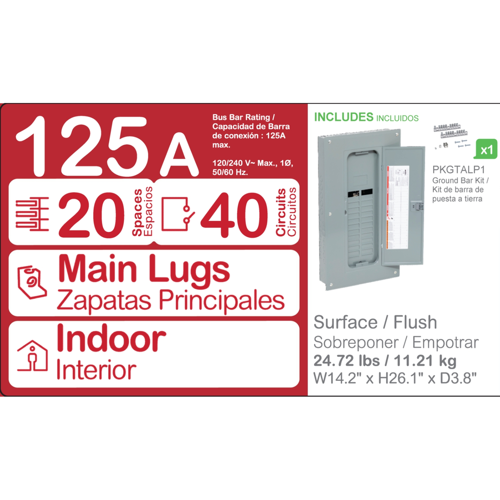 Mayer-DDS-Load center, Homeline, 1 phase, 20 spaces, 40 circuits, 125A convertible main lugs, PoN, NEMA1, gnd bar, combo cover-2
