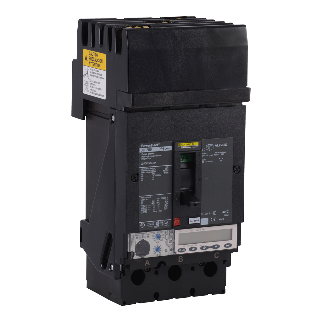 JDA36250U43X – Circuit breaker, PowerPacT J, 250A, 3 pole, 600VAC, 14kA, I-Line, Micrologic 5.2A, 80%, ABC