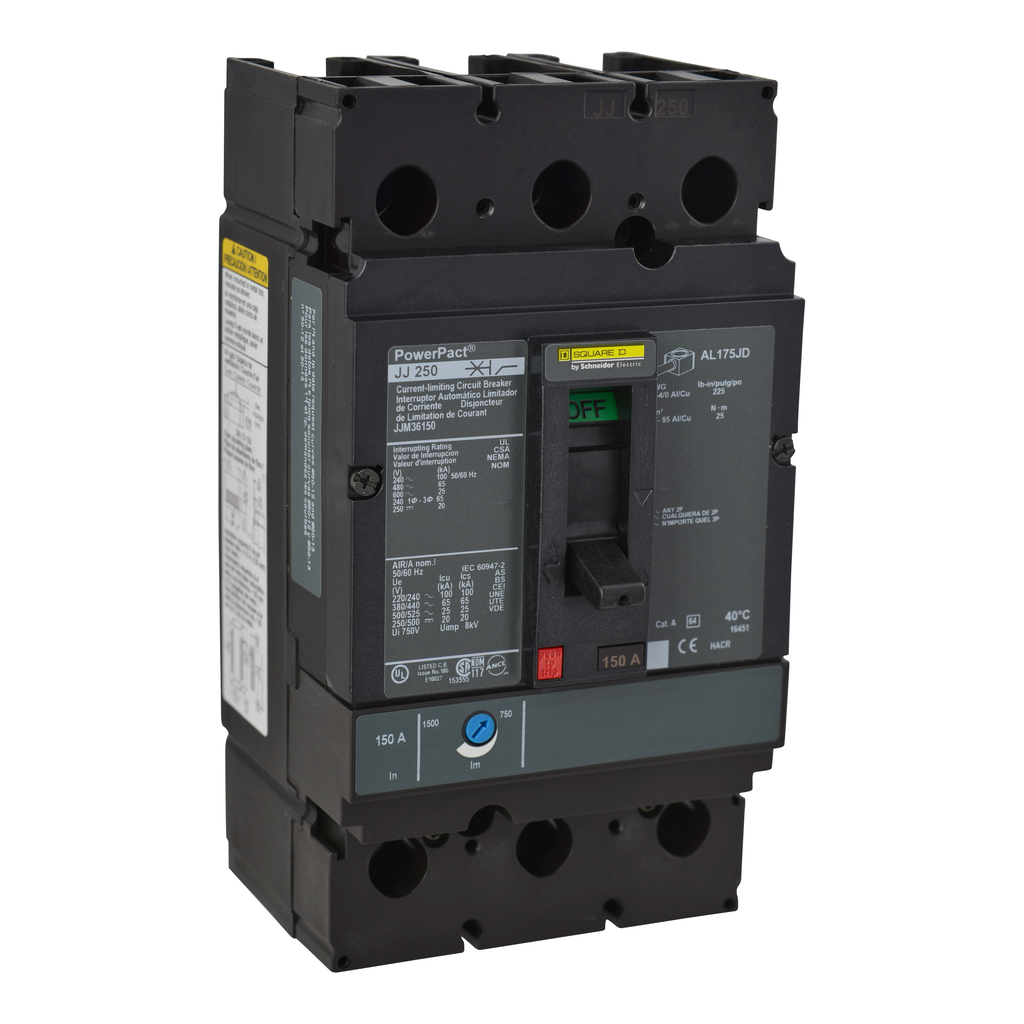 JJM36200 – Circuit breaker, PowerPacT J, 200A, 3 pole, 600VAC, 25kA, lugs, thermal magnetic, 80%