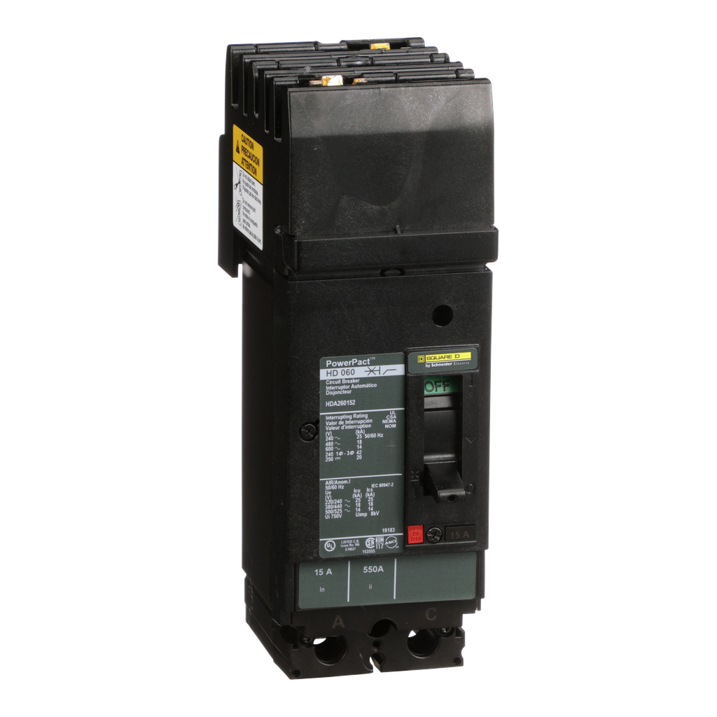 HDA260152 – Circuit breaker, PowerPacT H, 15A, 2 pole, 600VAC, 14kA, I-Line, thermal magnetic, 80%, AC