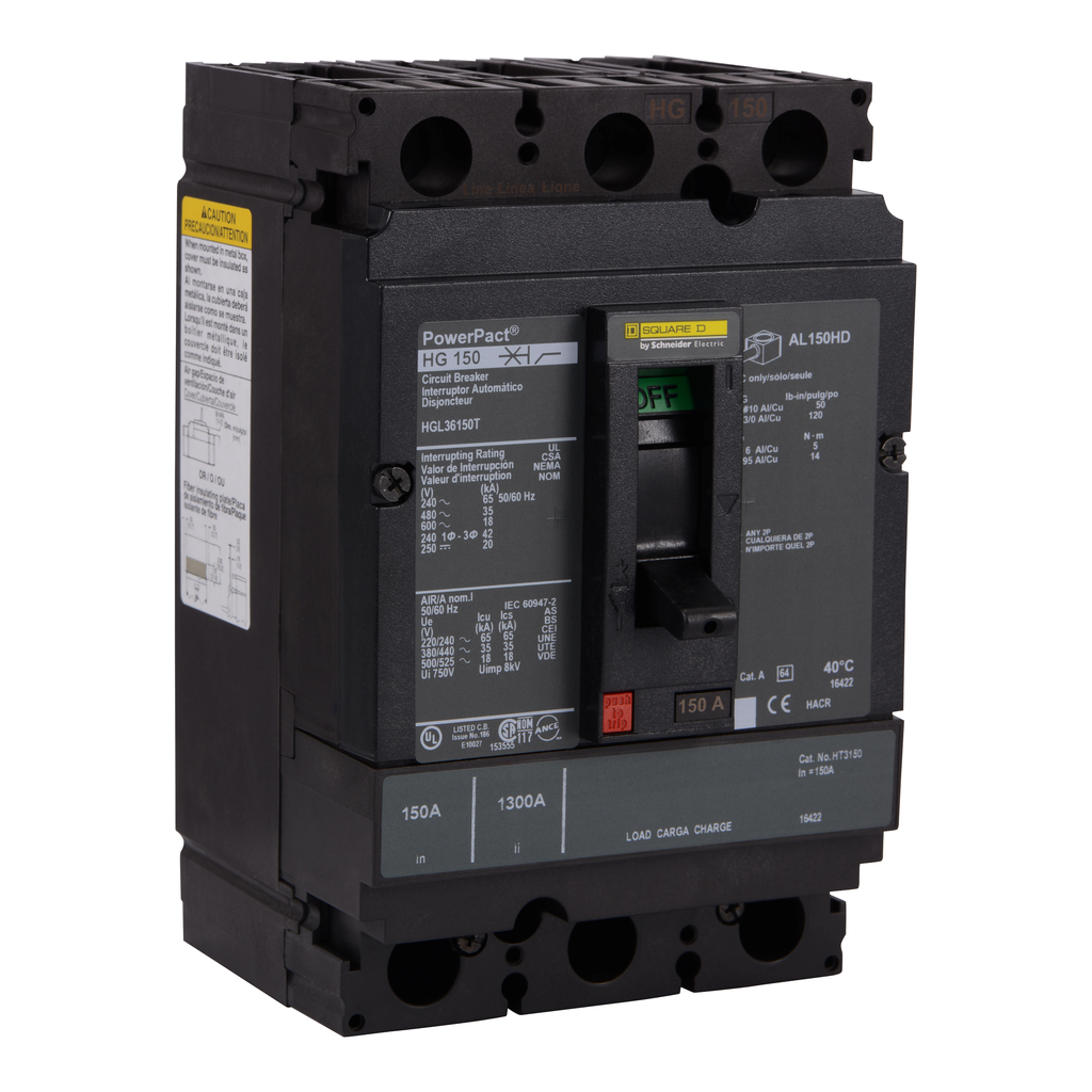 HGL36150T – Circuit breaker, PowerPacT H, 150A, 3 pole, 600VAC, 18kA, lugs, thermal magnetic, 80%, interchangeable trip unit