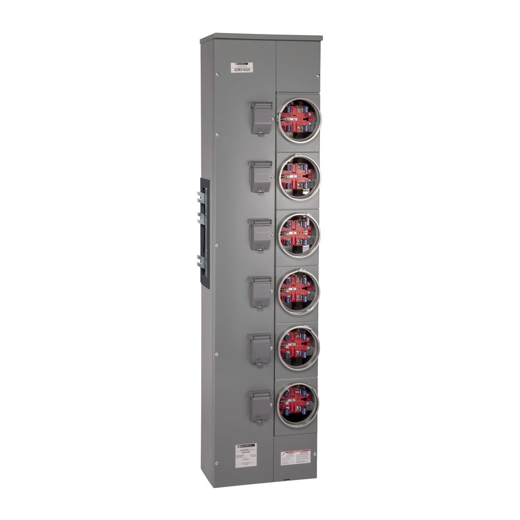 EZM116225 – Branch unit, EZ Meter-Pak, 225A, 6 x 5 jaw sockets, 120/240VAC, no bypass, ringed, 1200A Cu busbar