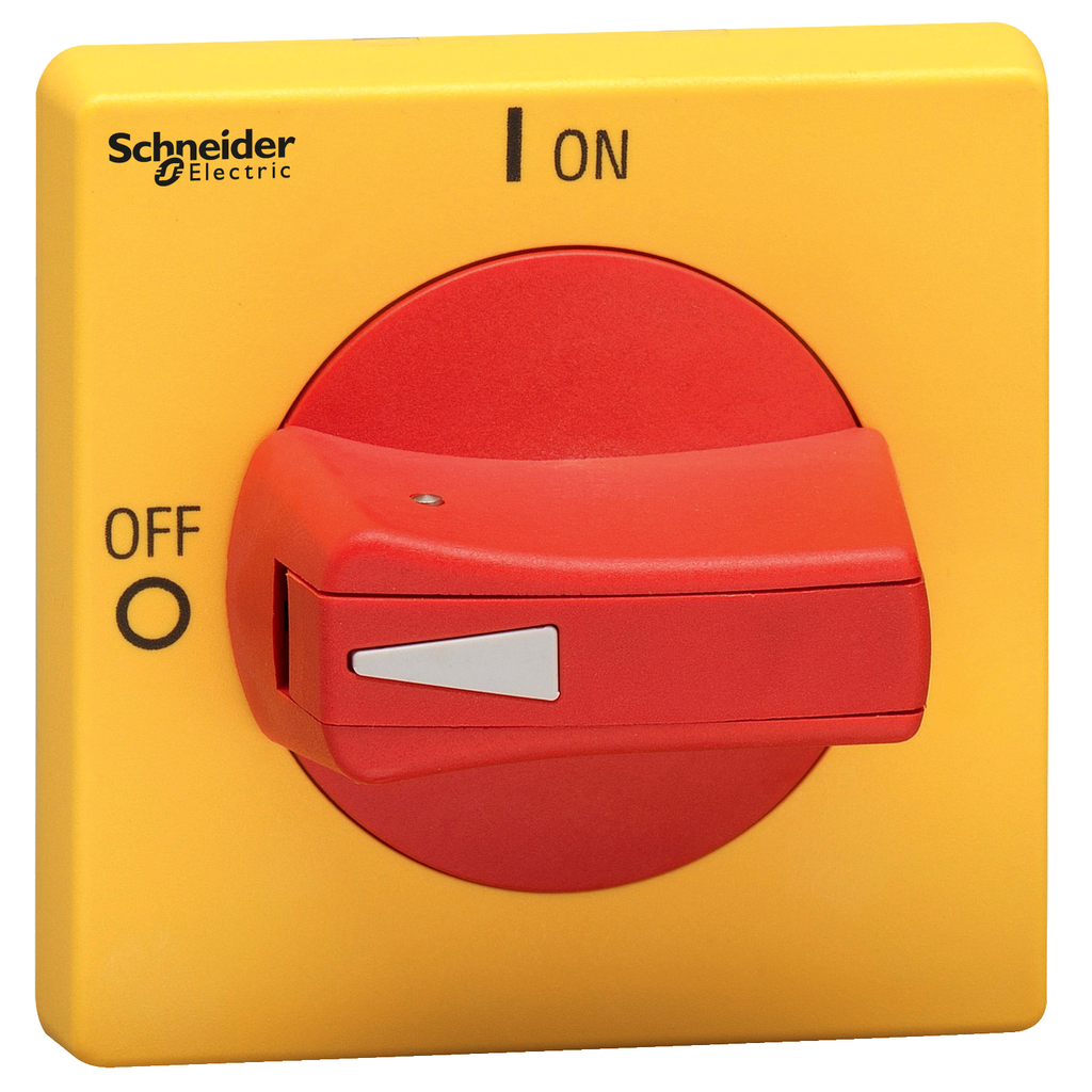 VLSH2H5RD – Disconnect switch, TeSys VLS, protruding rotary handle, hole mounting, 65x65mm, red handle, 5mm shaft, defeatable