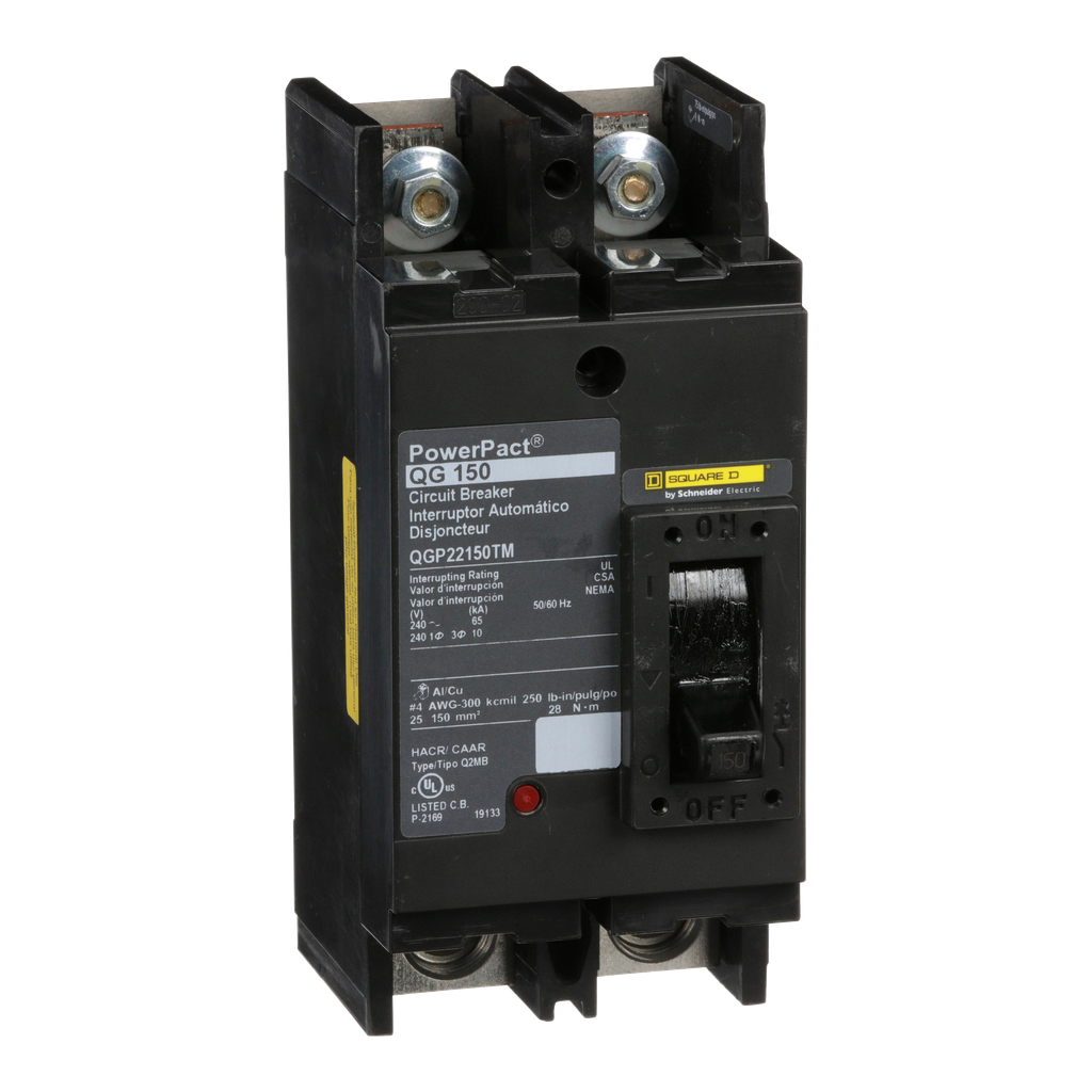 QGP22150TM – Circuit breaker, PowerPacT Q, 150A, 2 pole, 240VAC, 65kA, lugs, thermal magnetic, 80%, bottom of panel