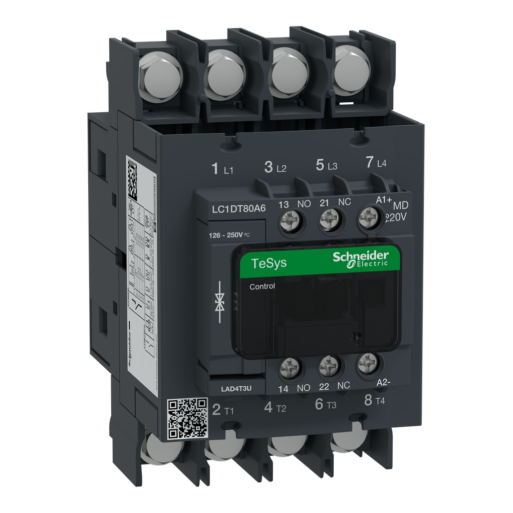 LC1DT80A6MD – IEC contactor, TeSys Deca, nonreversing, 80A resistive, 4 pole, 4 NO, 220VDC coil, open style