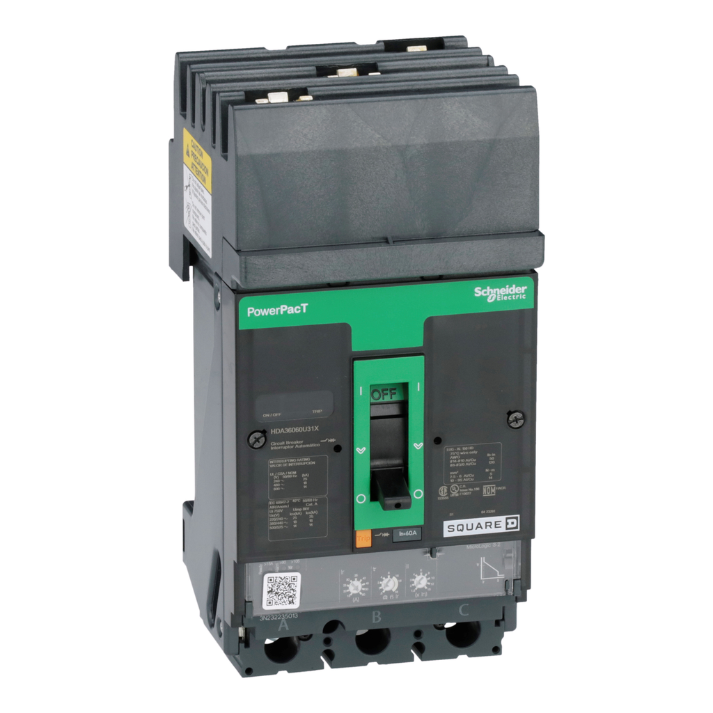 HDA36060U31X – Circuit breaker, PowerPacT H, 60A, 3 pole, 600VAC, 14kA, I-Line, Micrologic 3.2, 80%, ABC