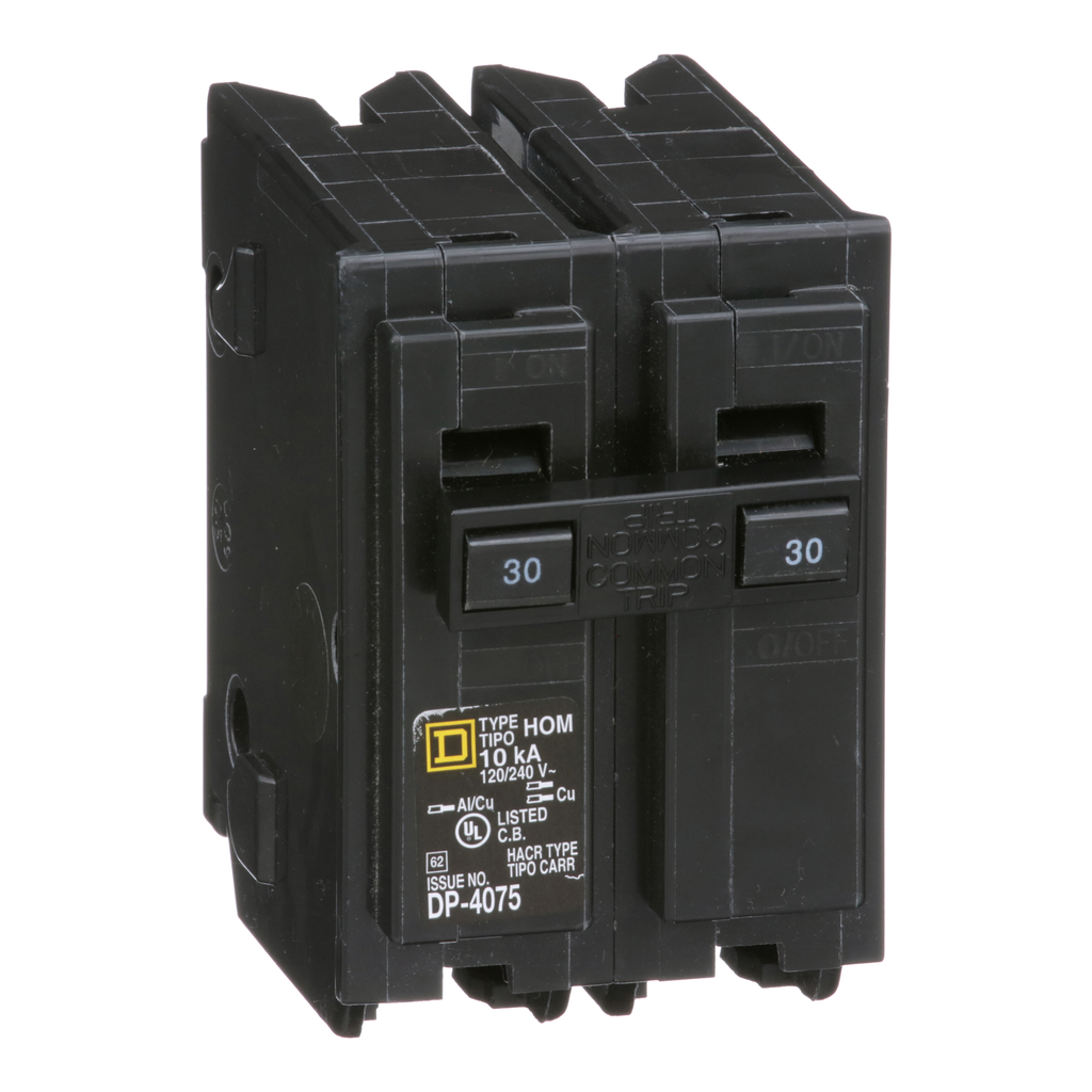 HOM2305219 – Mini circuit breaker, Homeline, 30A, 2 pole, 120/240VAC, 10kA AIR, standard type, plug in, high amp lug, UL