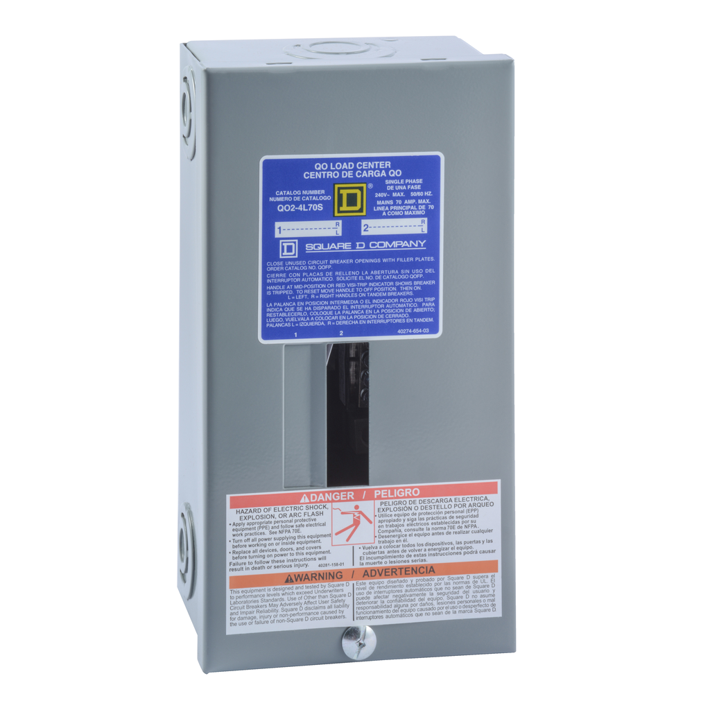 QO24L70SCP – Load center, QO, 1 phase, 2 spaces, 4 circuits, 70A fixed main lugs, NEMA1, surface cover, consumer pack
