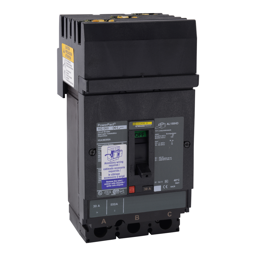 HGA36100U44X – Circuit breaker, PowerPacT H, 100A, 3 pole, 600VAC, 18kA, I-Line, Micrologic 6.2A, 80%, ABC