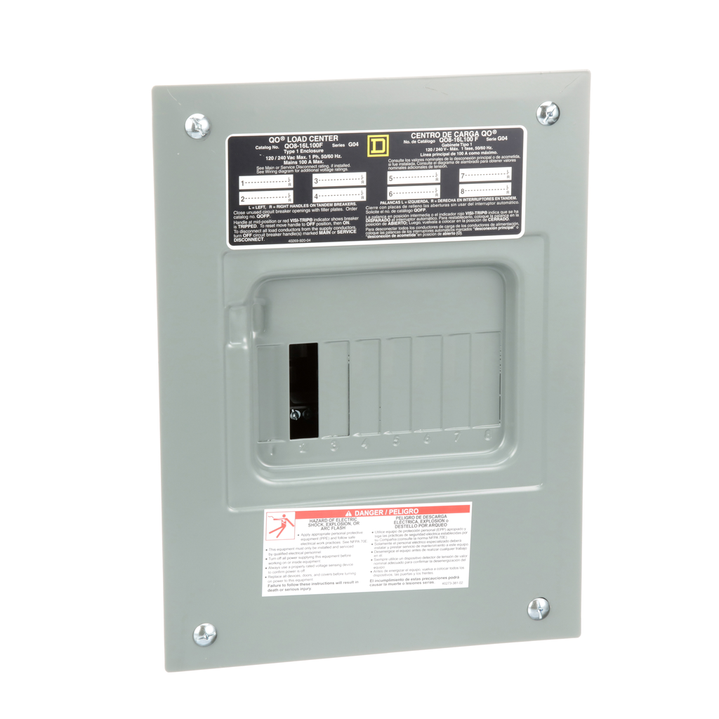 QO816L100FCP – Load center, QO, 1 phase, 8 spaces, 16 circuits, 100A fixed main lugs, NEMA1, flush cover, consumer pack