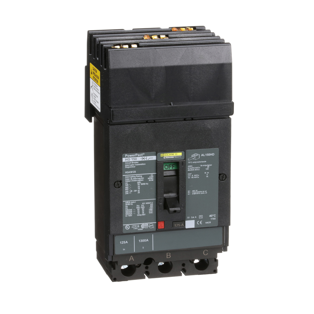 HGA36125 – Circuit breaker, PowerPacT H, 125A, 3 pole, 600VAC, 18kA, I-Line, thermal magnetic, 80%, ABC