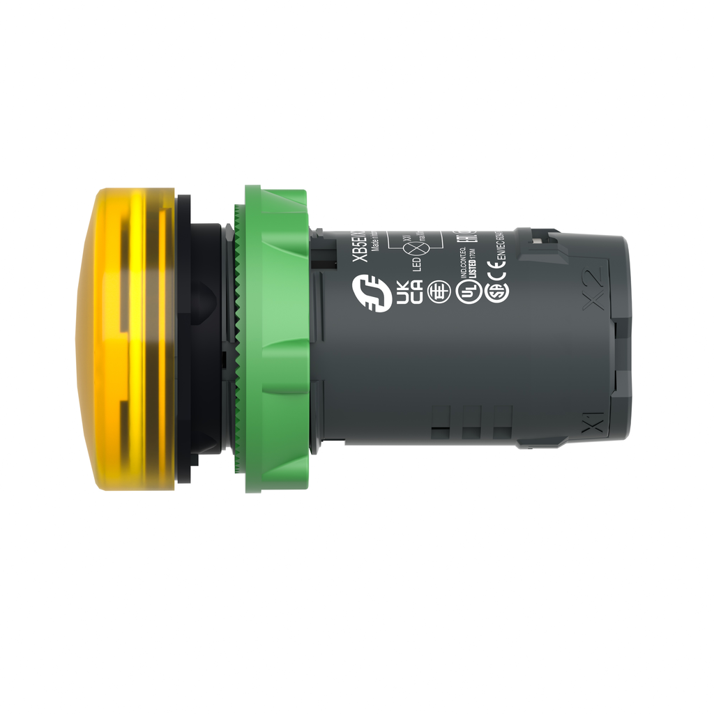 XB5EVB8 – Pilot light, Harmony XB5, grey plastic, yellow, 22mm, universal LED, plain lens, 24V AC DC