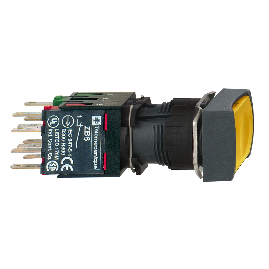 Mayer-DDS-Complete illuminated push button, Harmony XB6, yellow square flush illum pushbutton Ø 16 spring return 1NO+1NC 12...24 V-1