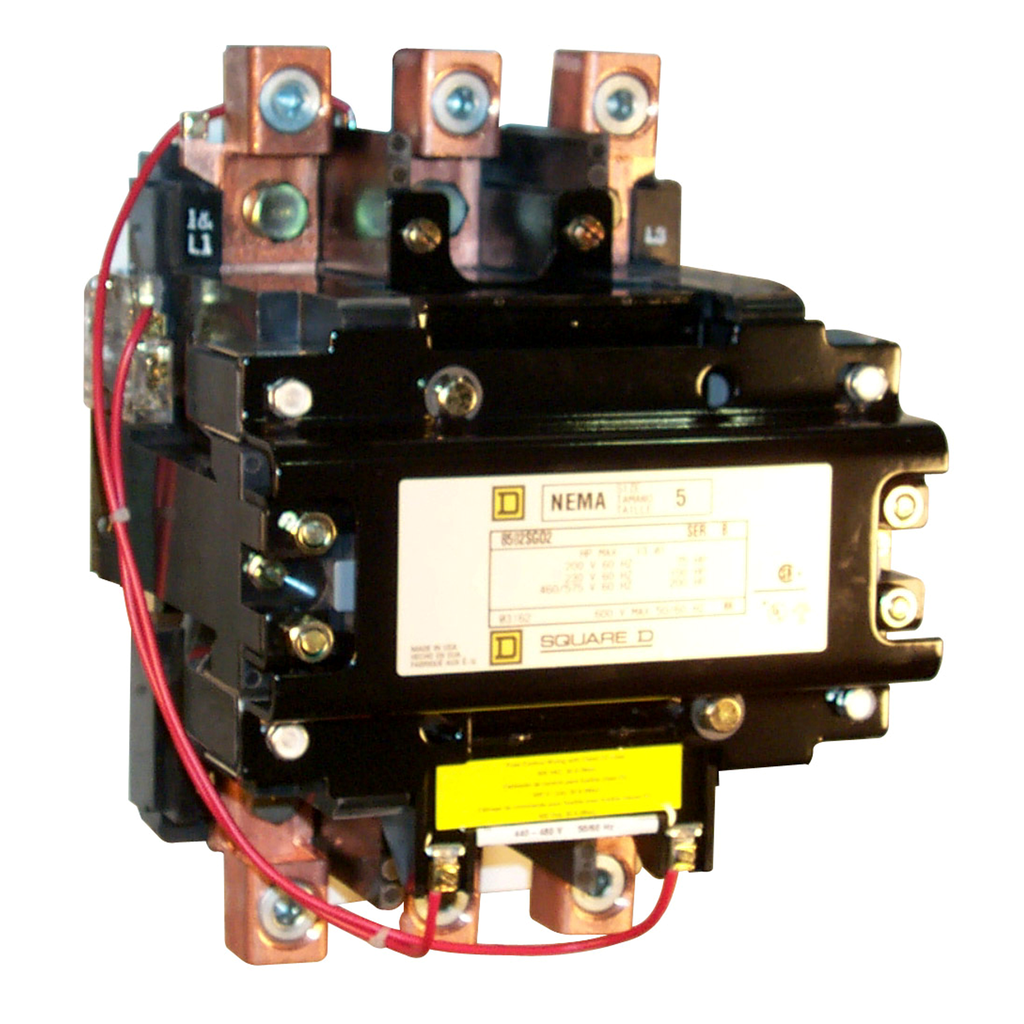 8502SGO2V05 – NEMA Contactor, Type S, nonreversing, Size 5, 270A, 200 HP at 575 VAC, 3 phase, up to 100 kA, 3 pole, 380 VAC coil, open