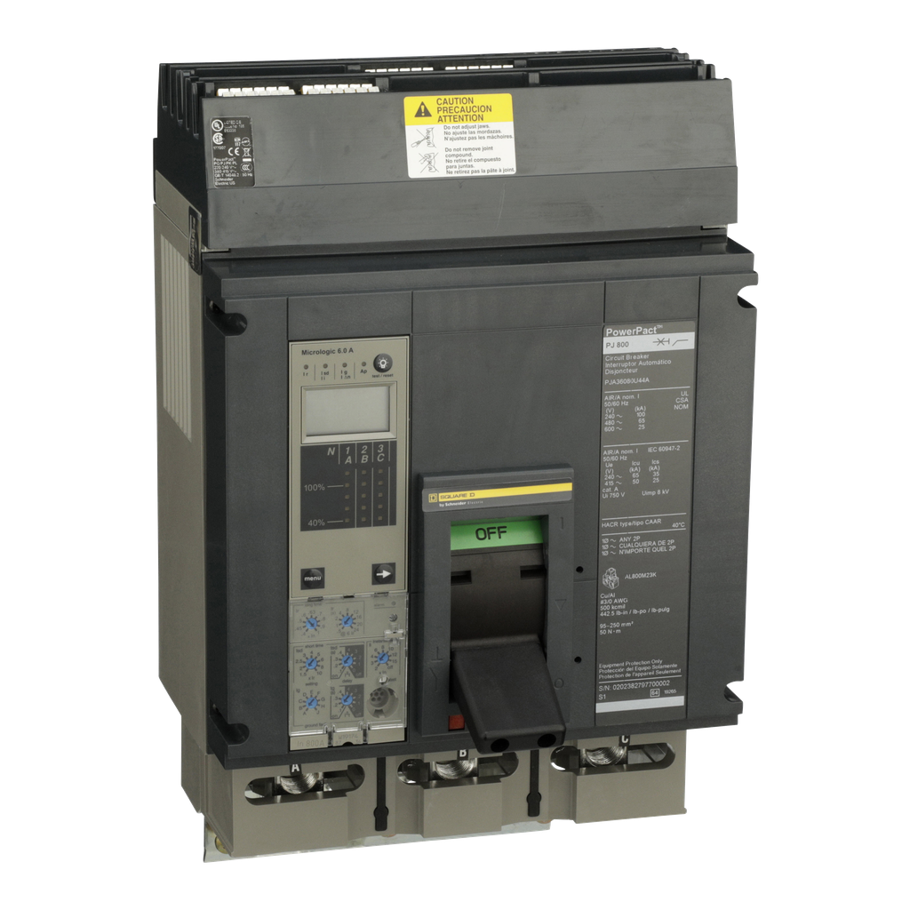 PJA36080U44A – Circuit breaker, PowerPacT P, 800A, 3 pole, 600VAC, 25kA, I-Line, Micrologic 6.0A, 80%, ABC