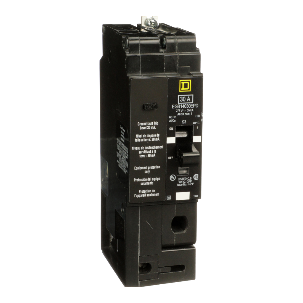EGB14030EPD – Mini circuit breaker, E-Frame, 30A, 1 pole, 277VAC, 65kA max, bolt on, 30mA ground fault protection