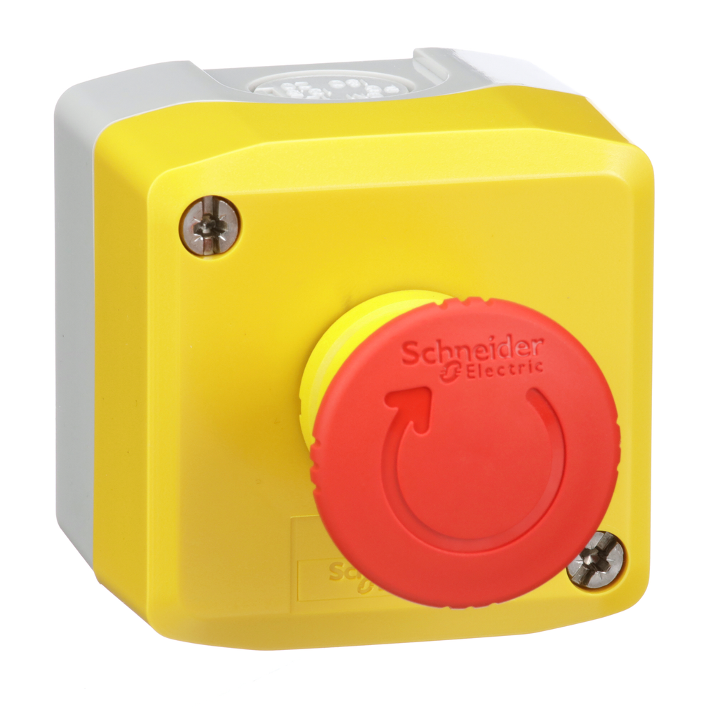 XALK178GH7 – Control station, Harmony, plastic, yellow, 1 red mushroom head push button 40mm, emergency stop turn to release 1NO   2NC, unmarked, UL CSA certified
