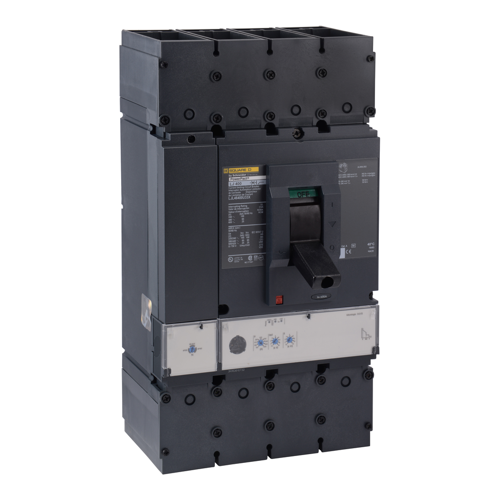 LJL46400U33X – Circuit breaker, PowerPacT L, 400A, 4 pole, 600VAC, 25kA, lugs, MicroLogic 3.3S, 80%