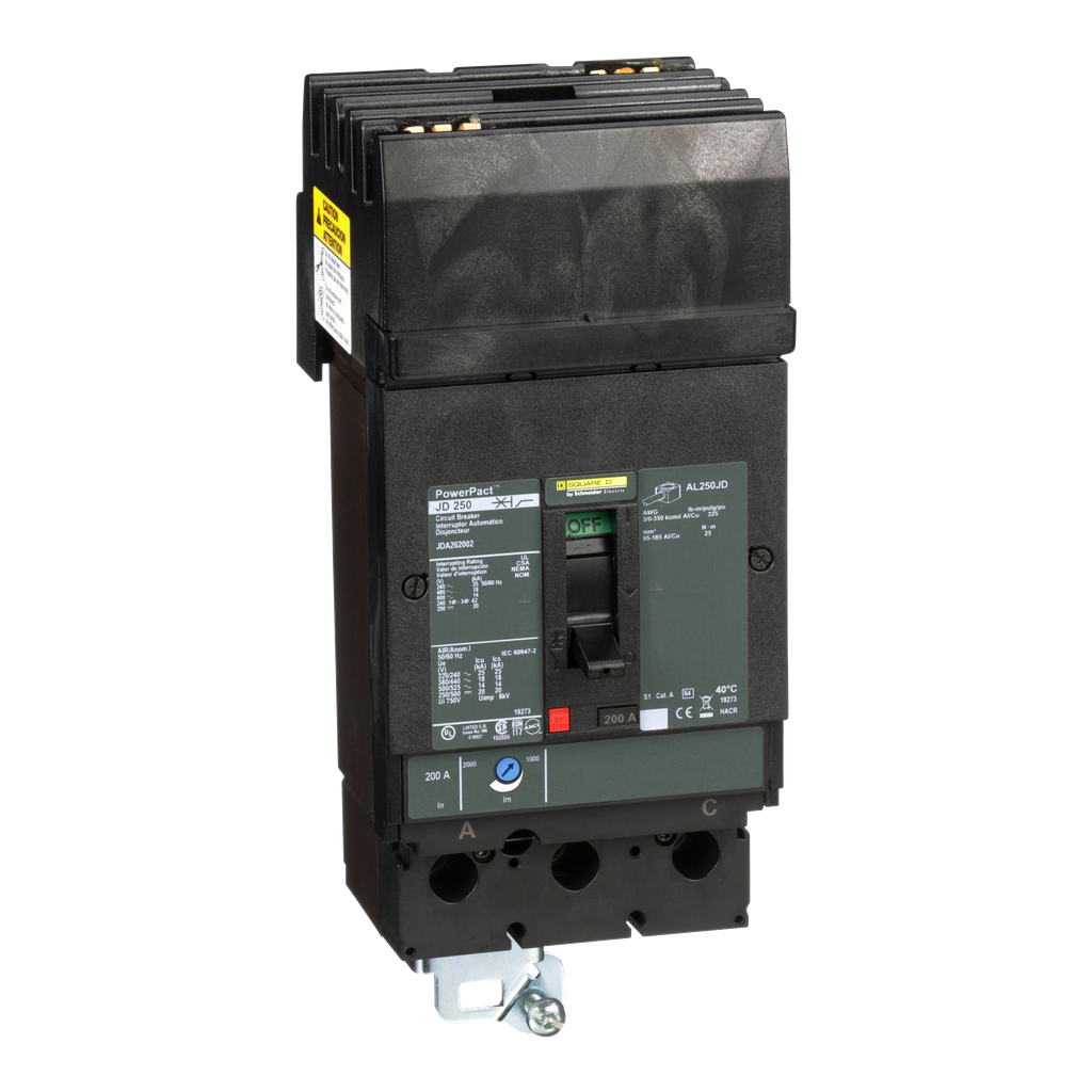 JDA262002 – Circuit breaker, PowerPacT J, 200A, 2 pole, 600VAC, 14kA, I-Line, thermal magnetic, 80%, AC