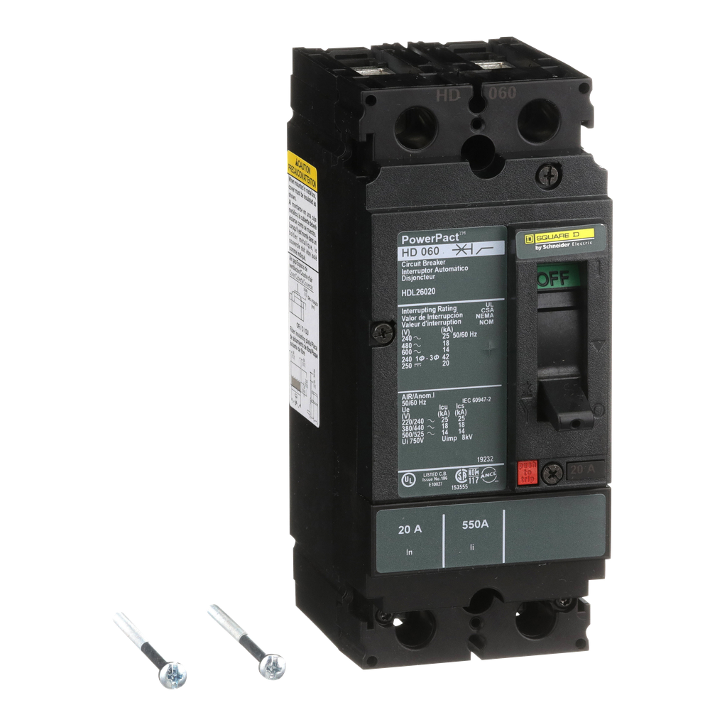 HDL26020 – Circuit breaker, PowerPacT H, 20A, 2 pole, 600VAC, 14kA, lugs, thermal magnetic, 80%